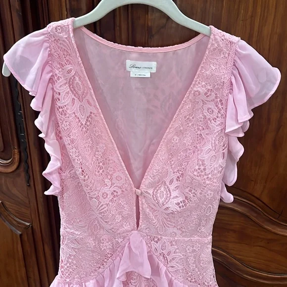 Lovers + Friends | Revolve pink lace ruffle mini dress - Picture 5 of 10